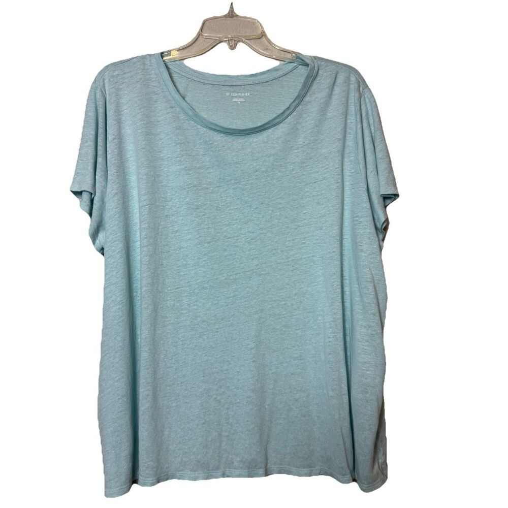 Eileen Fisher Plus Size 100% Organic Linen Light Blue Scoop Neck T-Shirt Top 1X
